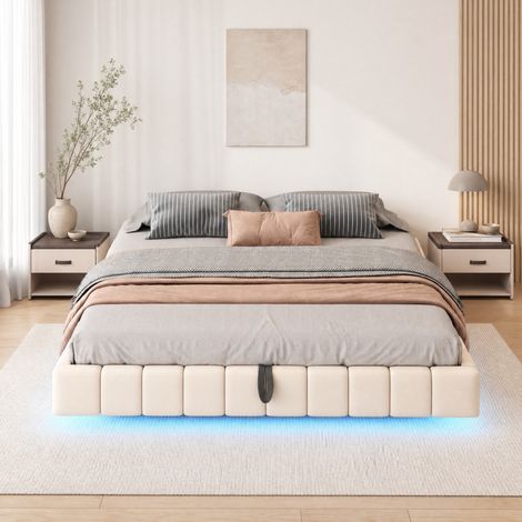 Cama tapizada flotante (201x181x31 cm), con almacenamiento, luces LED, sin cabecero, beige (1/5)