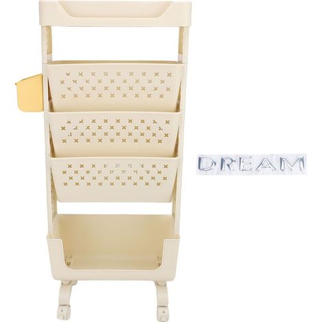 Chariot à livres roulant 5 niveaux PP support de rangement mobile multifonctionnel étagère de rangement utilitaire avec roulettes verrouillables pour bureau d\'étude chambre à coucher blanc crème (1/5)