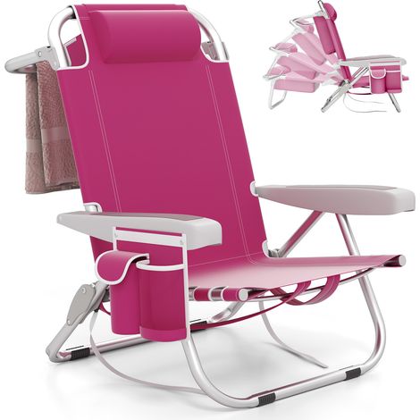 Chaise Longue, Chaise de Plage Pliable, 5 Positions Réglable, Porte-Gobelet, Porte-Serviette, Poches, Appui-tête, Sangles (Rose,1 pcs)