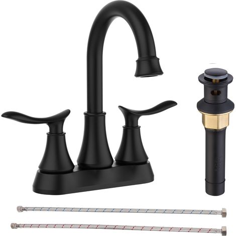 Robinet de salle de bain noir mat, entraxe de 15 cm, 2 poignées, bec pivotant à 360° avec bonde escamotable (1/5)