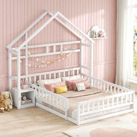 Cama cabaña infantil 140x200 cm de madera blanca con mesita de noche (1/5)