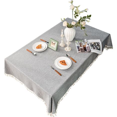 Nappe à franges, imperméable et résistante à l'huile, en coton et lin, grise, rectangulaire. (1/5)