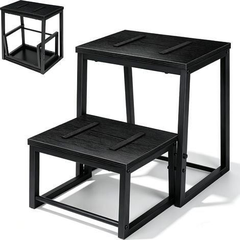 Marche Pied Bois 2 Niveaux Marche Pied Enfant 3-en-1 Marchepied Pliable Capacité de 500 LB Petit Escabeau Antidérapant pour Salles Bain Cuisines Salons Écoles (Noir) (1/5)
