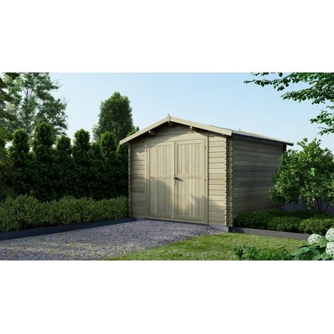 Altanka – Abri de jardin en bois 9m² – 3x3m – Traité autoclave – Épaisseur 28mm – Couleur vert – Double porte battante (1/5)