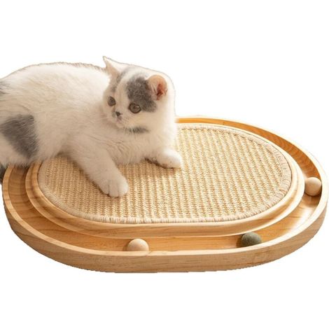 Griffoir en sisal, 2 en 1, Jouet pour chat, Pin massif et coussin en sisal naturel et boules d'herbe à chat, 43 x 33 x 3 cm , Tapis griffoir pour tous les chats - Pour jouer, se détendre (1/5)
