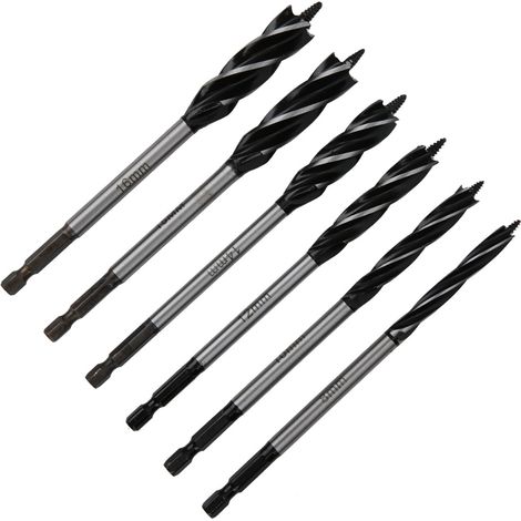 6-teiliges Set Holzbohrer mit Vorbohrer, Zentrierspitze, Spiralbohrer, vierschneidig, Sechskantschaft, 8–16 mm (1/5)