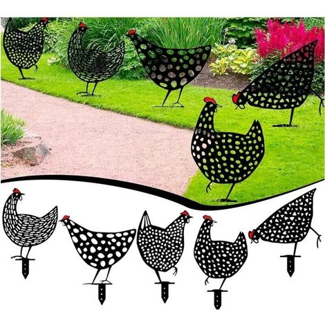 Décorations de jardin en métal, silhouettes de poules élégantes, lot de 5, décorations réalistes pour pelouse, art pour poulailler, piquets décoratifs pour jardin, décorations pour poulailler (1/5)