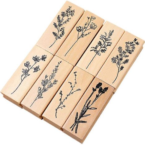 8-teiliges Set Holzstempel für Scrapbooking, Blumen- und Pflanzenmotive, DIY-Holzstempel, kleine Journaling-Stempel-6.5X2.5CM-Khaki (1/2)