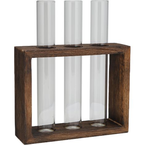Vase tubulaire en verre de table, verre borosilicate haute densité, cadre en bois de pin, style rétro, pour plantes hydroponiques, décoration intérieure, 3 bouteilles (1/5)