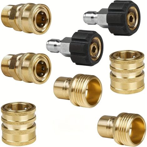 Raccord Rapide - Adaptateur Haute Pression - Pour Nettoyeur HP - 8 Pièces - Laiton et Acier Inoxydable - 1/4 Pouces et 3/4 Pouces (1/5)