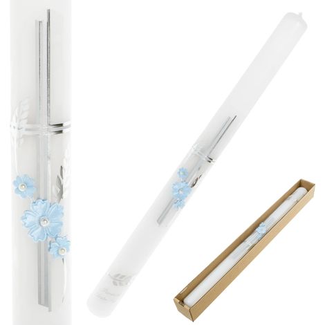 Candela di battesimo per un bambino con fiori blu e una perla in una scatola (1/5)