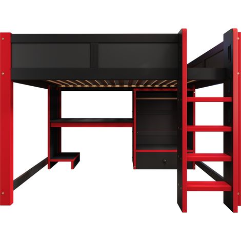 Hochbett 140x200 cm mit LED, Schreibtisch, Kleiderschrank und Stauraum schwarz-rot (1/5)