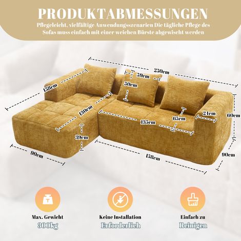 Canapé sectionnel moderne en L 3 places,sans montage,chenille,chaise longue,accoudoirs,3 coussins,poche latérale. Jaune. (1/5)