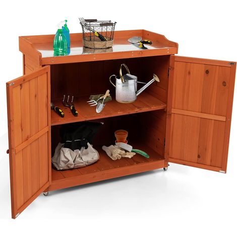 GOPLUS Armoire à Outils en Bois de Sapin, Abri de Stockage pour Outils avec 4 Roues Universelles et étagère Amovible,98,5X48X100 CM (1/5)