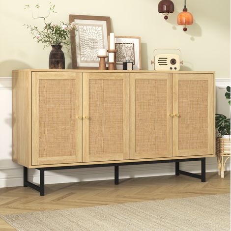 Aparador 140x39.5x80 cm color madera en tablero de partículas con 4 puertas de ratán natural (1/5)