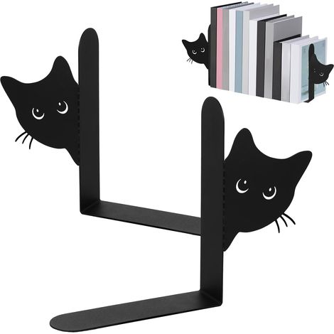 2 sujetalibros metálicos con diseño de gato y dimensiones específicas para un almacenamiento elegante en la oficina y el hogar. (1/4)