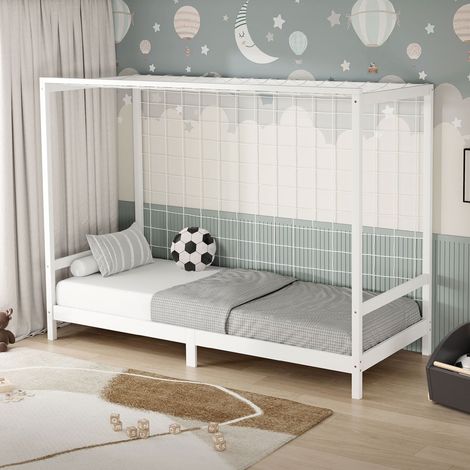 ML-Design Cama Infantil 90 x 200 cm con Portería de Fútbol Balonmano de Madera de Pino Blanca, Cuna Individual para Niño con Somier de Láminas y Red, Litera Maciza Juvenil (1/5)