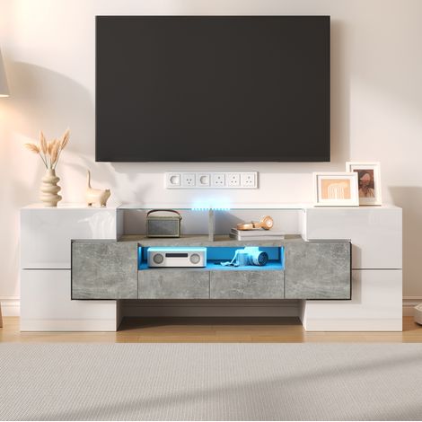 Meuble TV en panneaux de bois blanc brillant et décor béton 145x30x51 cm avec 6 portes, 2 tiroirs, 3 niches et LED (1/5)
