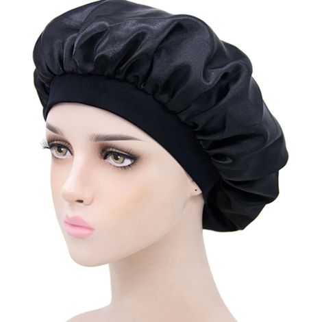 Bonnet de nuit adulte en satin tricoté, imitation soie, sans bordure, pour femmes - Noir uni (1/4)