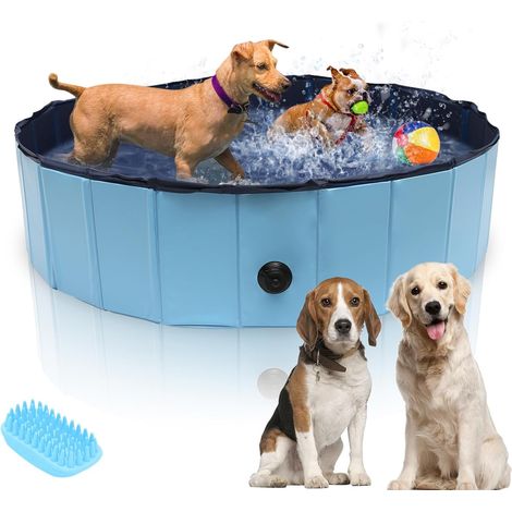 Piscine pour chiens de petite taille - 160 x 30 cm - Pour grands chiens - Piscine pour chiens - Pliable - Avec brosse de bain et kit de réparation - Bleu (1/5)