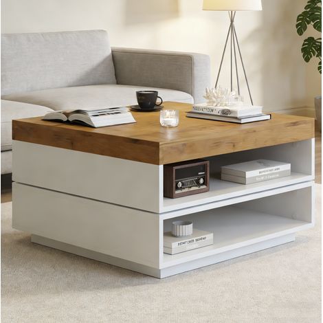 Mesa baja cuadrada pivotante 360°, 65x65x40 cm con LED, almacenamientos abiertos, blanco y decoración madera (1/5)