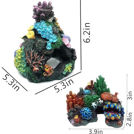 Aquarium Coral Decoration Resin Fish Tank Hiding Mountain Cave Betta Fish Hideaway Rock Coral Reef Ornament, 2 Pack (1/4)