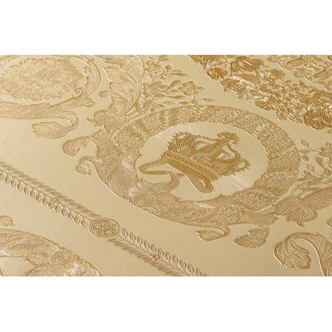 Papier peint intissé jaune métallique avec reliefs Tapisserie motif baroque idéale pour salon Papiers peints chics pour entrée (1/5)