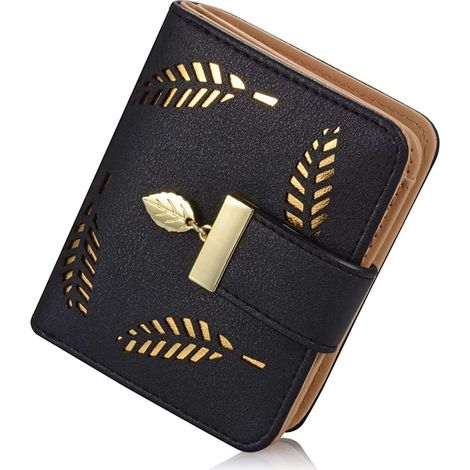 Portefeuille pour femme, petit sac à main en cuir à deux volets avec porte-monnaie/carte d'identité/carte de crédit (noir), (1/5)