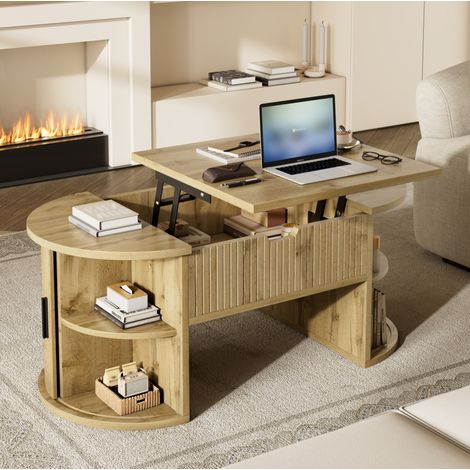 Couchtisch MDF Eichefarben 100x50x40,5 cm, höhenverstellbare Tischplatte mit Schiebetüren und Stauraum (1/5)