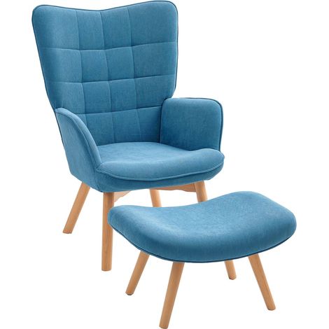 Sessel mit Hocker, Ohrensessel mit Hoher Rückenlehne, Holzbeine, Loungesessel mit getuftetem Design, Cord-Optik, für Wohnzimmer, Blau