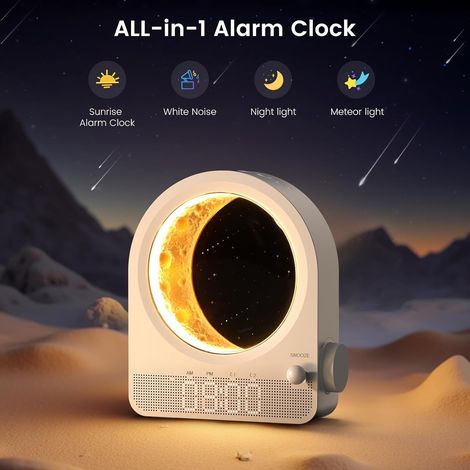 Despertador con luz de amanecer, 10 tonos blancos y cuenta regresiva, brillo ajustable, luz de luna y meteorito - Blanco (1/5)