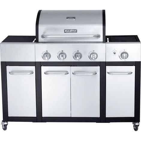 Allgrill Basic-Line Major Edelstahl/schwarz Gasgrill mit 4 Brennern, Seitenkocher und Seitentischen