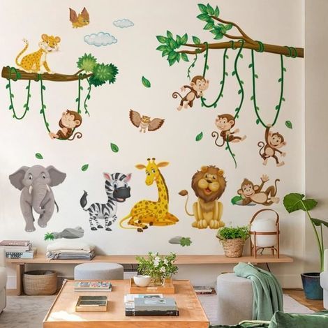 Stickers Muraux Animaux De La Jungle Arbre Autocollants Muraux Mural Stickers Singe Lion Zèbre Pour Chambre Enfants Bébé Pépinière (1/4)