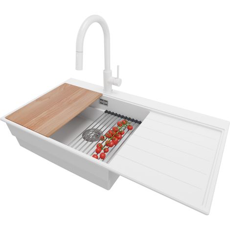 PRIMAGRAN Evier Cuisine en Granit 90x50cm,Lavabo 1 bac + Robinet 40x20cm + Kit de Vidage + Accessoires, Évier à Encastrer au meuble 60cm - Sydney, Blanc (1/5)