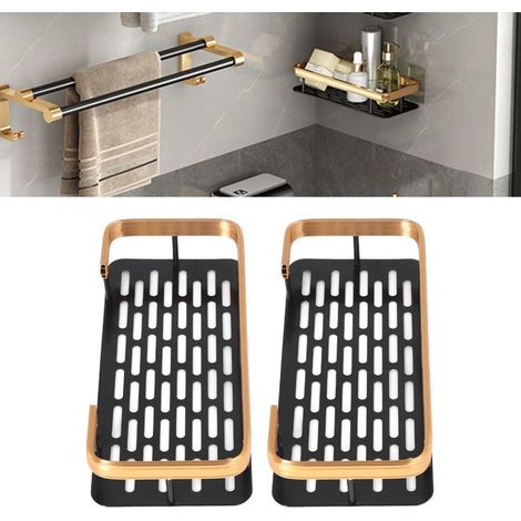 Rechteckiger, zweistöckiger Duschcaddy, platzsparend, mit Aluminium-Dekor und schwarz-goldener, gezahnter Oberfläche.