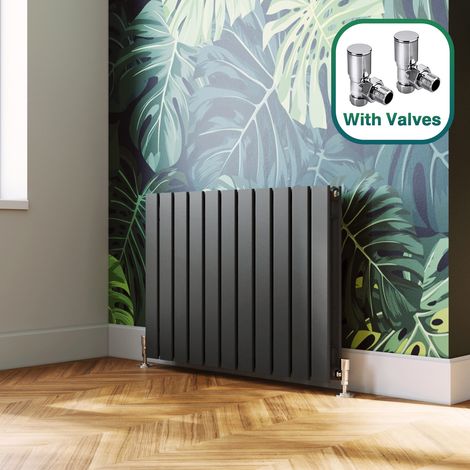 ELEGANT 600x836mm Designer Anthracite Double Flat Panel Horizontal Radiator Central Heating with Angled Radiator Valves (1/5)
