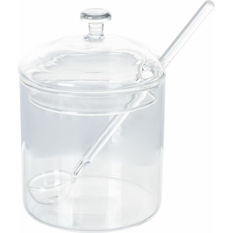 Sucrier transparent 300 ml en verre borosilicate avec bouchon et cuillère à café (1/4)
