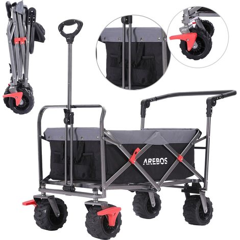 AREBOS carro plegable con 2 bolsillos de red frenos del tras barra telescópica negro (1/7)