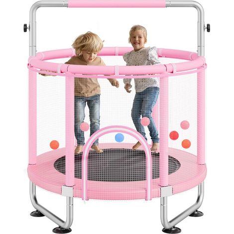 Pour enfants dès 3 ans : Mini trampoline récréatif 1470 mm fitness intérieur avec filet de sécurité, panier basket, rose (1/5)