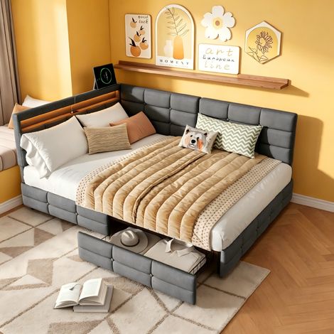 Canapé-lit 140x200-Lit avecavec dossier amovible (réversible)-cadre de lit double avec LED et USB/Type C-lit avec 2 tiroirs -lit 2 Personnes-tête de lit rembourré-MDF, Gris-lin (1/5)