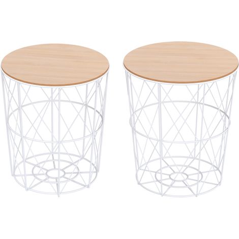 Tables d'appoint empilables avec plateau amovible en bois et structure métal blanc Ø40x45 cm Ø35x40 cm