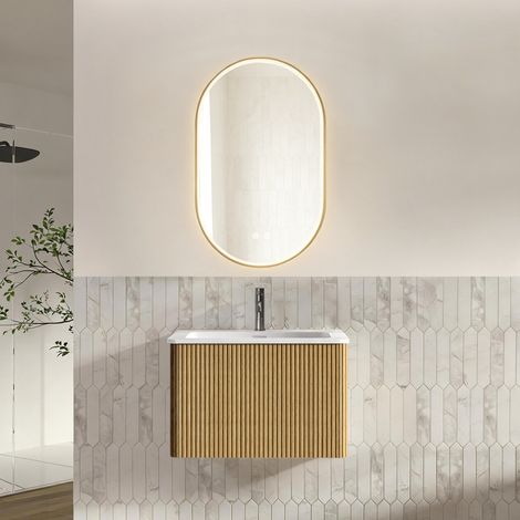 Mobile bagno sospeso 61 cm con lavabo e specchio LED 50x80 cm color rovere OKWISH (1/5)