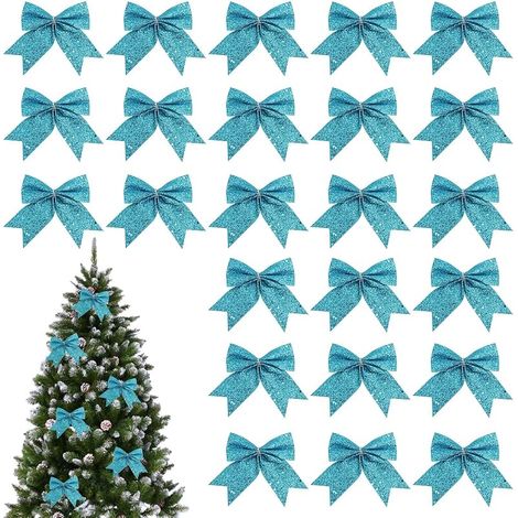24 Pièces Arcs de Noël Pailletés, Noeud de Ruban de Noël, pour Couronnes de Noël, Décorations de Noël pour Portes, Fenêtres, Jardins (Bleu)
