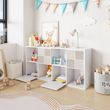 Bibliothèque 8 Cubes, Étagère de Rangement avec 4 Portes, Meuble pour Salon Chambre Bureau, Armoire de Livres, Blanc 125×30×60 cm (1/5)