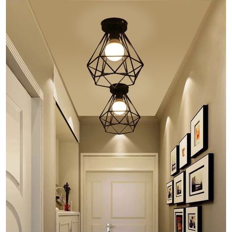Plafonnier industriel cage diamant en métal noir – Lustre E27 pour salle à manger, salon, bureau – Dimensions Ø20x21cm, base Ø10cm (1/5)