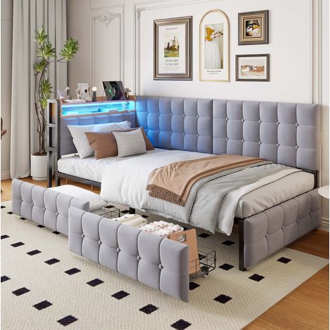 DESVIAE Canapé lit capitonné 90 x 200 gris avec deux tiroirs, éclairage LED multicolore au niveau de la tête de lit, ports USB et type C, structure métallique stable (1/5)