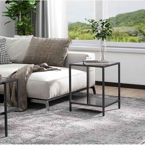 Table d’appoint 40x40x50 cm noire en verre trempé et acier avec 2 niveaux (1/5)