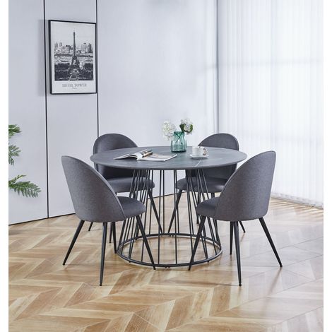 Hallowood Furniture Cullompton Large Round 4 Seater Dining Table and Chairs, Round Table with Grey Marble Effect Top and Curved-back Dark Grey Fabric Chairs, Dining Table Set for Home and Café (1/5)