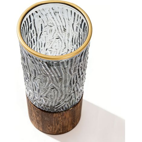 Vase à large ouverture en verre à motif floral minimaliste avec base en bois antidérapante pour fleurs et plantes hydroponiques. Bordure dorée transparente côtelée. (1/5)