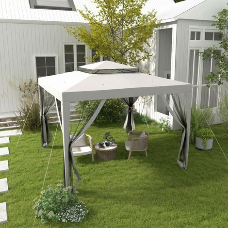 Tente jardin 3x3 Gris m gazebo 4 moustiquaires latérales double toit 8 trous drainage cadre métal